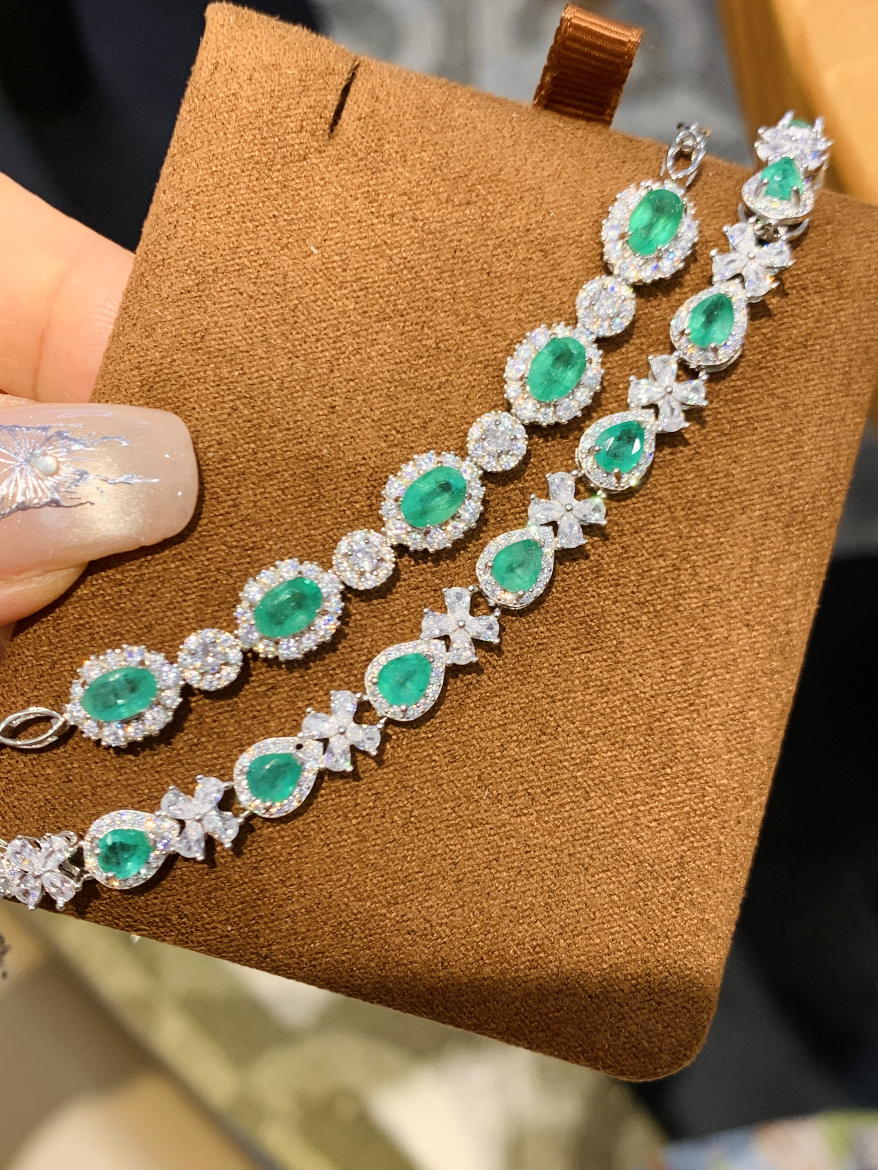 天然祖母绿手链S925纯银镶嵌钻石祖母绿手链女