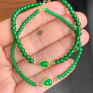 天然A货翡翠手链女款葫芦手串通体 18K金镶嵌满绿辣绿葫芦手链