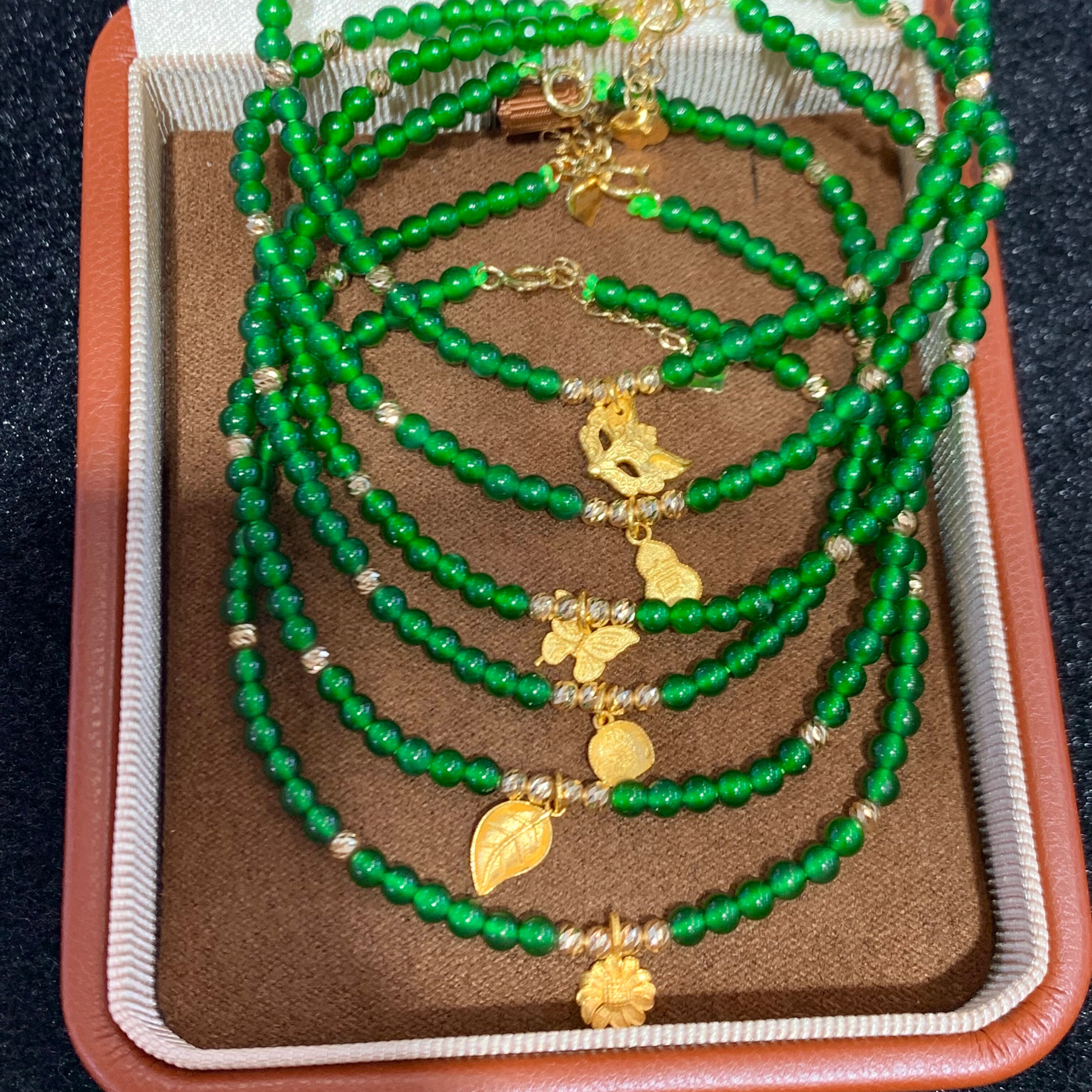 18K金天然A货翡翠满绿手链女款阳绿狐狸葫芦金铲满仓 蝴蝶 小滴溜