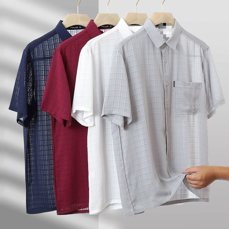 爸爸中老年男士冰丝格子翻领短袖衬衣宽松薄款透气冰丝衬衫