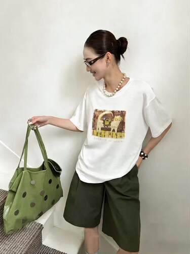 2026夏季新款韩版简约百搭韩系卡通小象印花圆领棉T