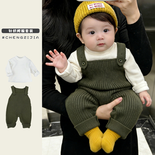 婴儿百搭上衣 男童洋气休闲背带裤 小月龄宝宝春秋款 针织连体衣套装