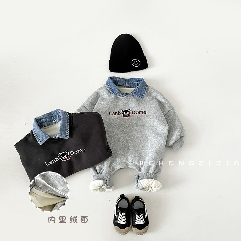 2025婴幼儿冬款牛仔领假两件连体衣哈衣男宝宝加绒新生儿爬服外出