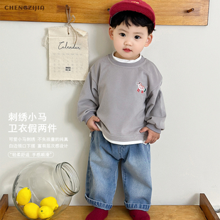 婴幼儿春秋季上衣裤子套装宝宝刺绣假两件长袖T恤男童直筒牛仔裤