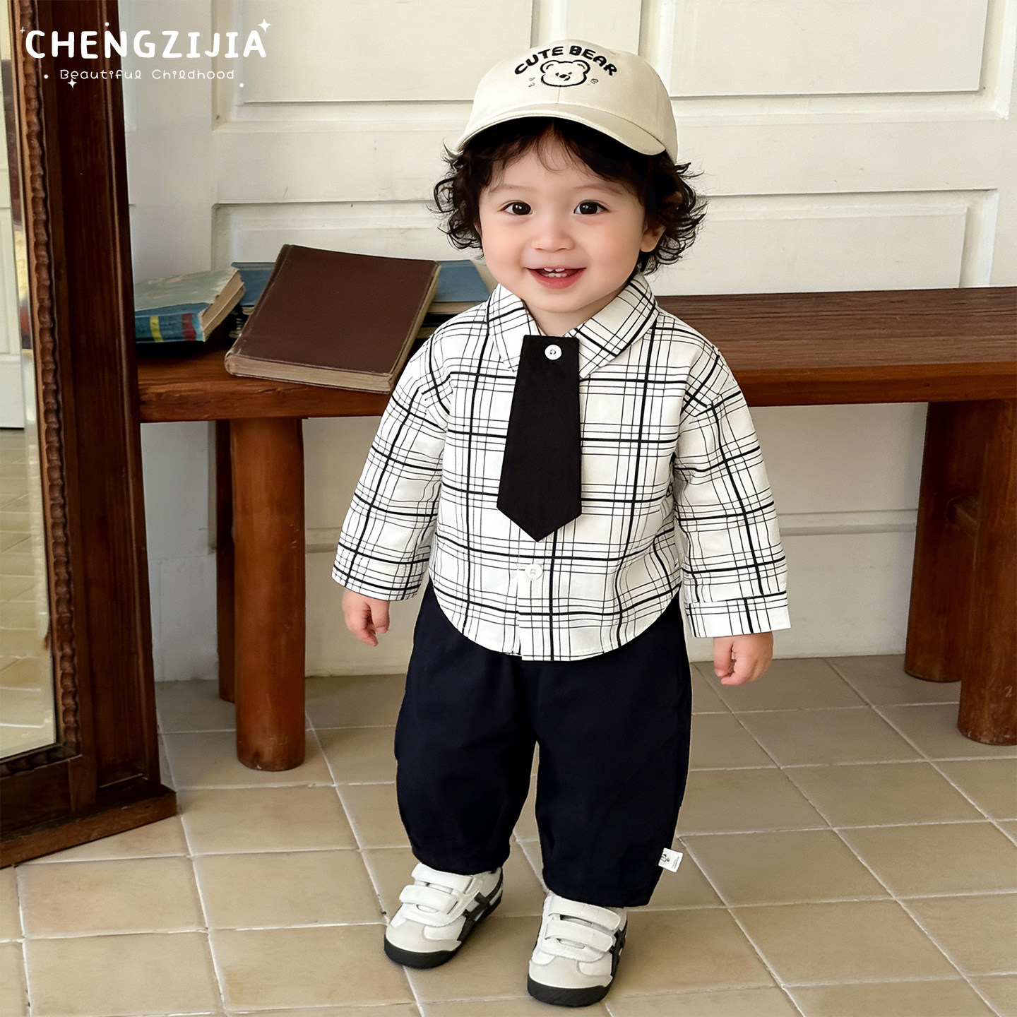 男宝宝春秋季格子衬衫套装男童韩系翻领长袖衬衣婴儿宽松百搭裤子