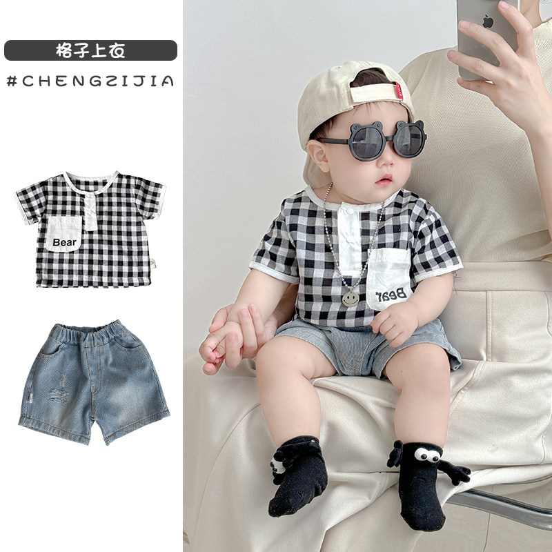 夏季男女宝宝格子短袖短裤两件套装婴儿童薄款休闲T恤牛仔五分裤,童装/婴儿装/亲子装,套装,淘宝优惠券,粉丝福利购,淘宝优惠卷