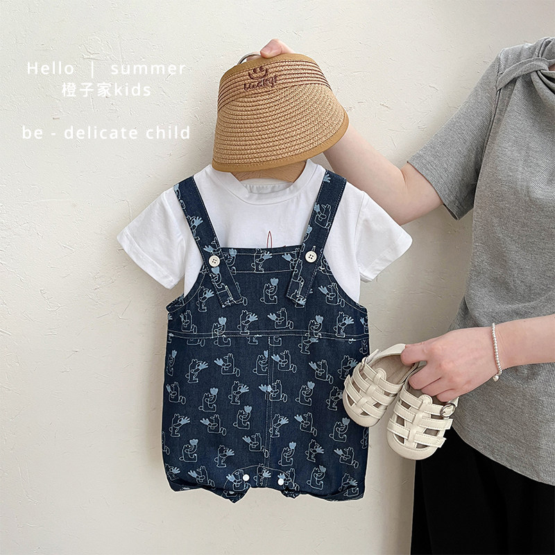 男童夏季无袖连体裤韩版婴儿卡通可爱牛仔背带短裤宝宝洋气休闲裤