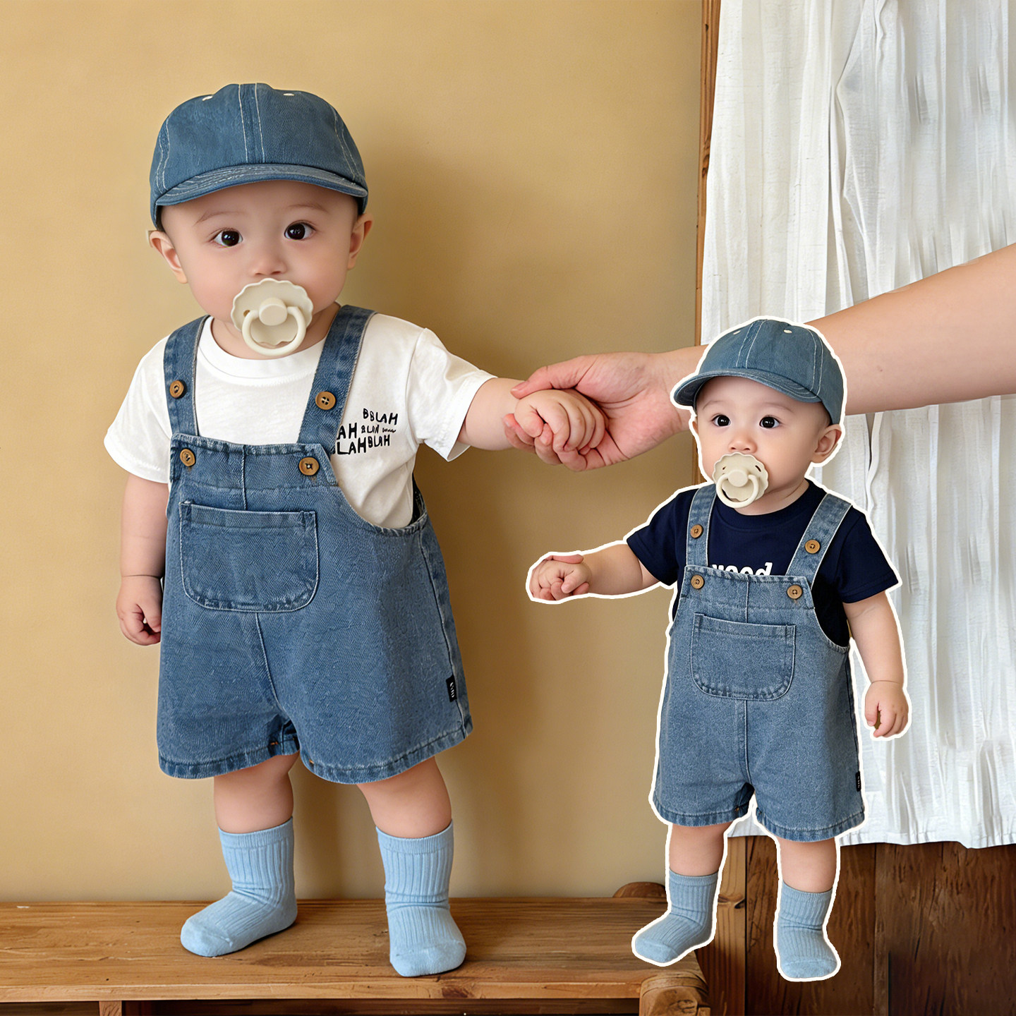 男宝宝夏季牛仔背带裤套装男童韩版休闲薄款短袖婴幼儿洋气连体裤