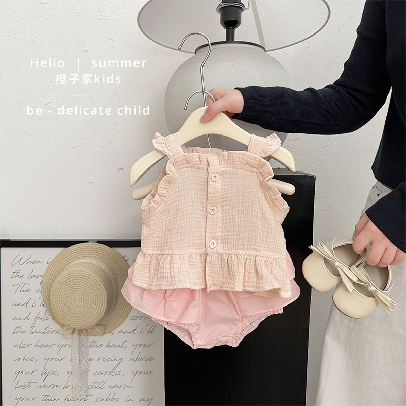 女童夏季洋气纯色吊带包屁裤套装宝宝薄款小飞袖背心婴儿甜美短裤,童装/婴儿装/亲子装,套装,淘宝优惠券,粉丝福利购,淘宝优惠卷