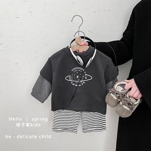 T恤男童休闲百搭上衣婴儿洋气时髦衣服 假两件长袖 宝宝春秋季 韩版