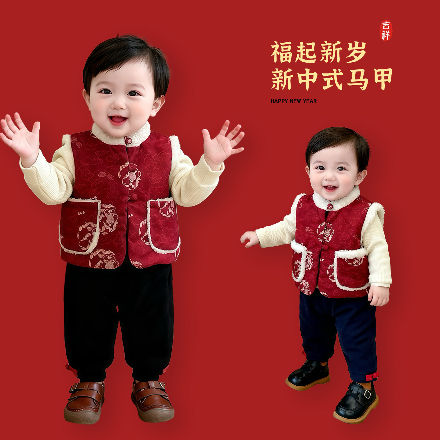 男童冬款新中式马甲毛衣裤子套装