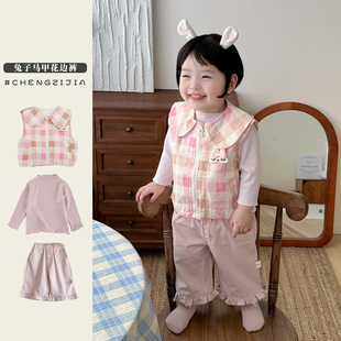 婴儿可爱花边长裤 女童春秋季 宝宝休闲打底衫 子套装 卡通马甲衣服裤