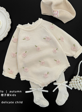 女童春秋季刺绣哈衣婴幼儿韩版毛衣连体衣新生儿宝宝舒适外出爬服