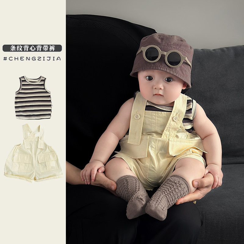 男童夏季韩系背带裤套装男宝宝洋气薄款条纹背心婴儿休闲背带短裤,童装/婴儿装/亲子装,套装,淘宝优惠券,粉丝福利购,淘宝优惠卷