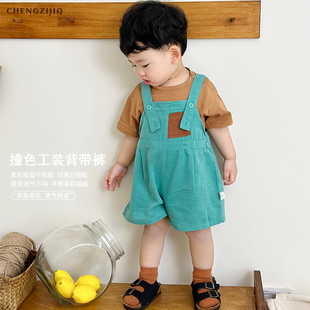 婴儿夏季韩系舒适休闲套装宝宝撞色工装背带裤男童卡通印花短袖