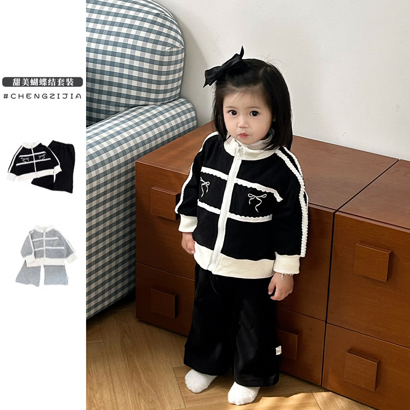 女宝宝春秋季新款甜美蝴蝶结套装女童拼色外套婴儿洋气百搭休闲裤,童装/婴儿装/亲子装,套装,淘宝优惠券,粉丝福利购,淘宝优惠卷