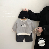 男童冬款 可爱卡通加厚保暖卫衣男宝宝洋气条纹上衣婴儿休闲打底衫