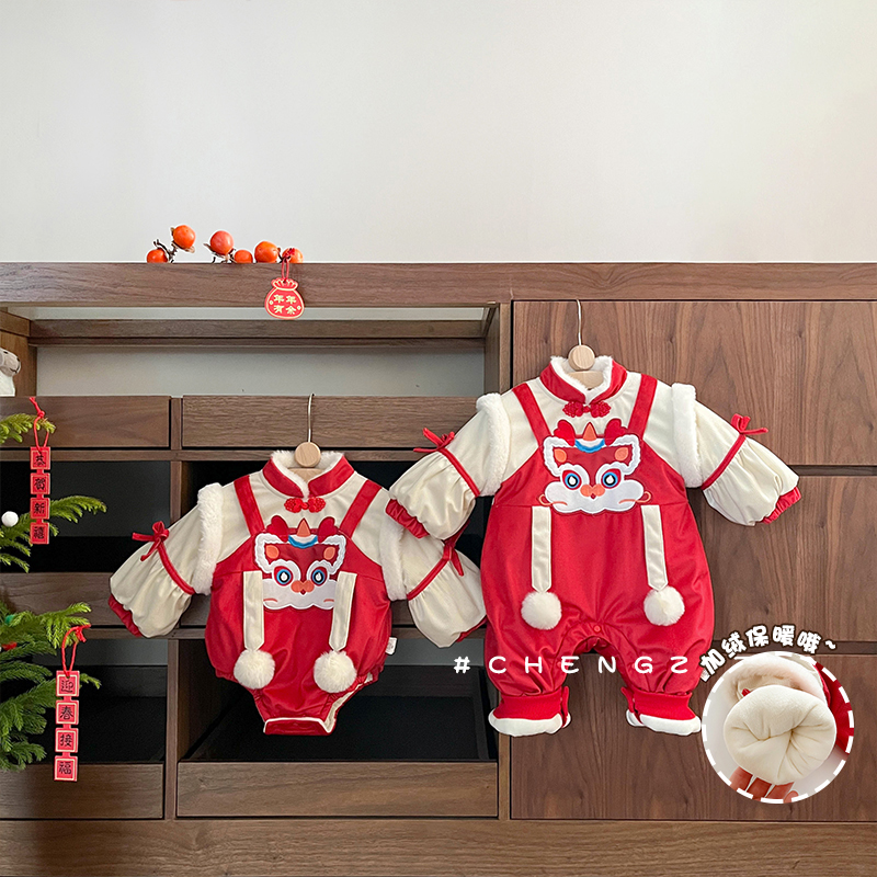 女童汉服冬装加绒连体拜年服唐装