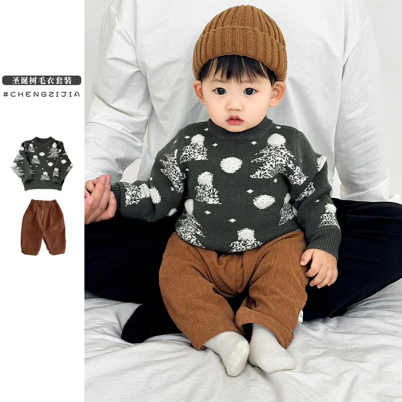 男童圣诞圆领保暖毛衣秋冬装婴儿套头针织衫女宝宝灯芯绒裤子套装,童装/婴儿装/亲子装,毛衣/针织衫,淘宝优惠券,粉丝福利购,淘宝优惠卷