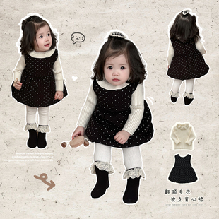 女童韩版 婴儿甜美花边领打底衫 保暖背心裙 连衣裙套装 女宝宝秋冬装