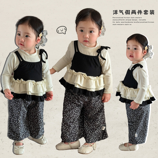 女童春秋款假两件上衣套装宝宝韩版花边吊带长袖T恤婴儿碎花裤子