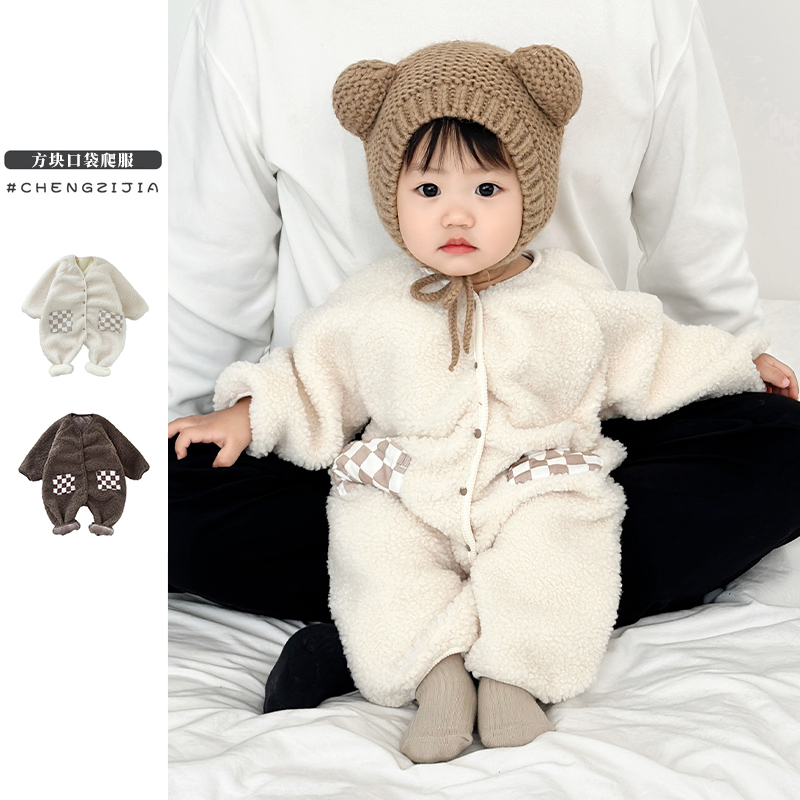 连体衣长爬格子口袋否单排扣冬季