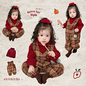 女宝宝红色圣诞花边打底衫 女童冬季 新年加绒加厚格子背带裤 两件套