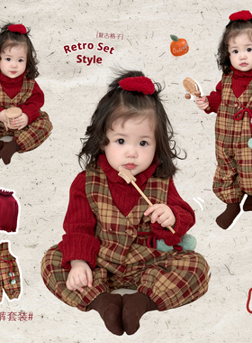 女童冬季新年加绒加厚格子背带裤女宝宝红色圣诞花边打底衫两件套