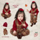 女宝宝红色圣诞花边打底衫 女童冬季 新年加绒加厚格子背带裤 两件套