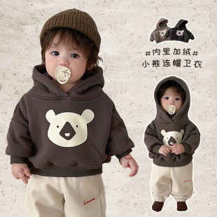 男宝宝冬季 百搭上衣婴儿保暖衣服 卡通加绒加厚连帽卫衣男宝宝韩版