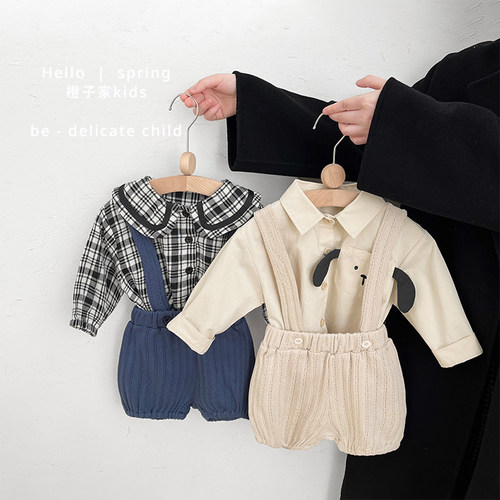 婴幼儿春秋季纯色休闲镂空背带裤