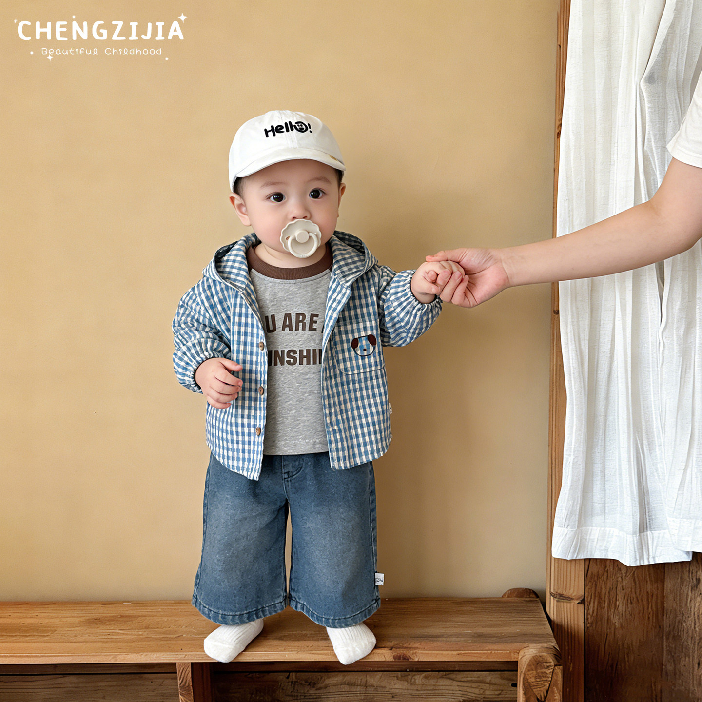 男童春秋季连帽衬衫套装男宝宝韩系格子长袖衬衣婴儿宽松牛仔裤子