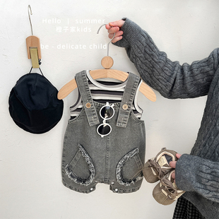 男童夏季复古牛仔背带短裤婴儿韩系宽松休闲乞丐背带裤宝宝裤子潮