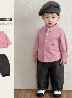 春秋季男童百搭套装婴儿长袖衬衫休闲裤韩版两件套女宝宝洋气衣服