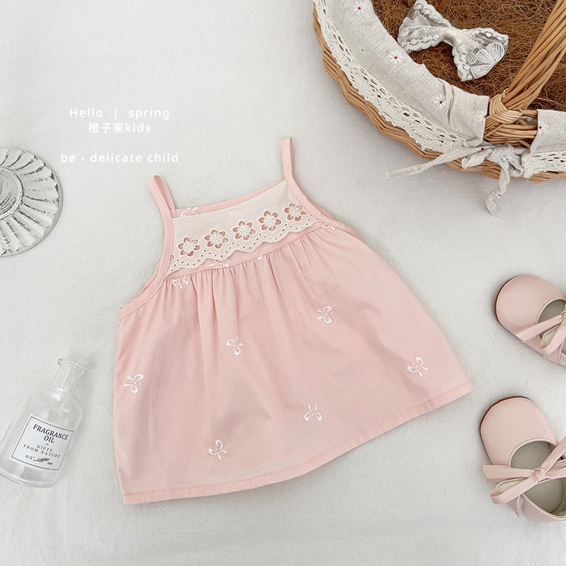女宝宝春秋装可爱粉色吊带裙女小童蝴蝶刺绣上衣婴儿新款洋气衣服