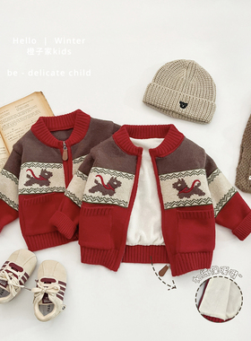 男童冬款新年红色毛衣外套女宝宝卡通保暖针织衫婴儿加绒加厚上衣