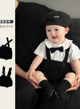 男宝宝夏装绅士领结短袖衬衫套装男童薄款帅气衬衣婴儿外出背带裤