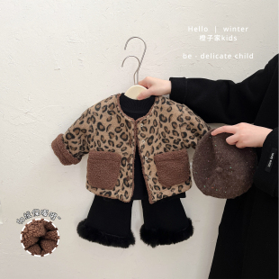 女童冬季 休闲棉服婴儿外出上衣潮 洋气加绒保暖豹纹外套女宝宝韩版