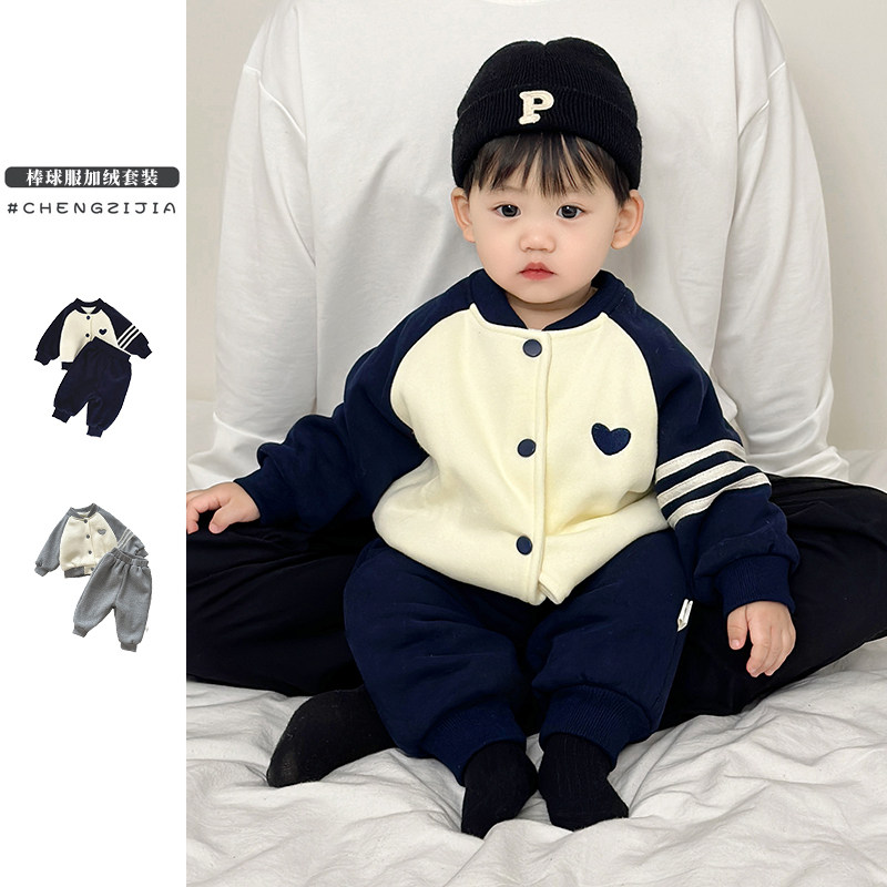 婴儿冬季加绒衣服女宝宝加厚运动套装男童超萌外出百天休闲两件套