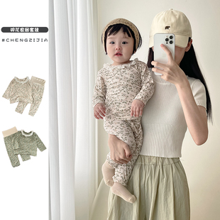 婴儿高腰护肚长裤 女童春秋季 洋气长袖 女宝宝新款 满印碎花家居套装