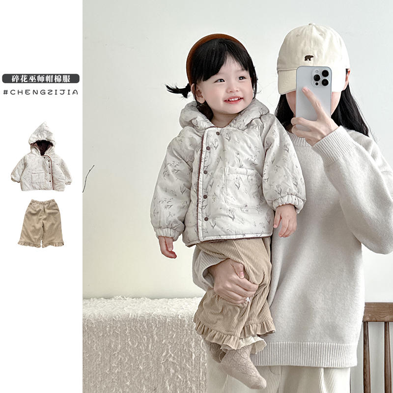 女童冬装衣服婴儿保暖连帽可爱加绒棉衣外套宝宝加厚花边棉裤套装