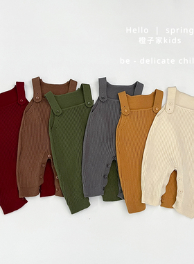 婴儿春秋季针织连体衣男宝宝纯色毛线背带裤女童可爱爬服休闲哈衣