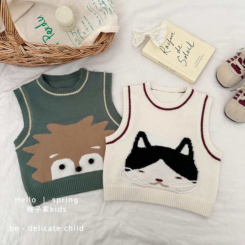 女宝宝春装针织马甲卡通动物背心