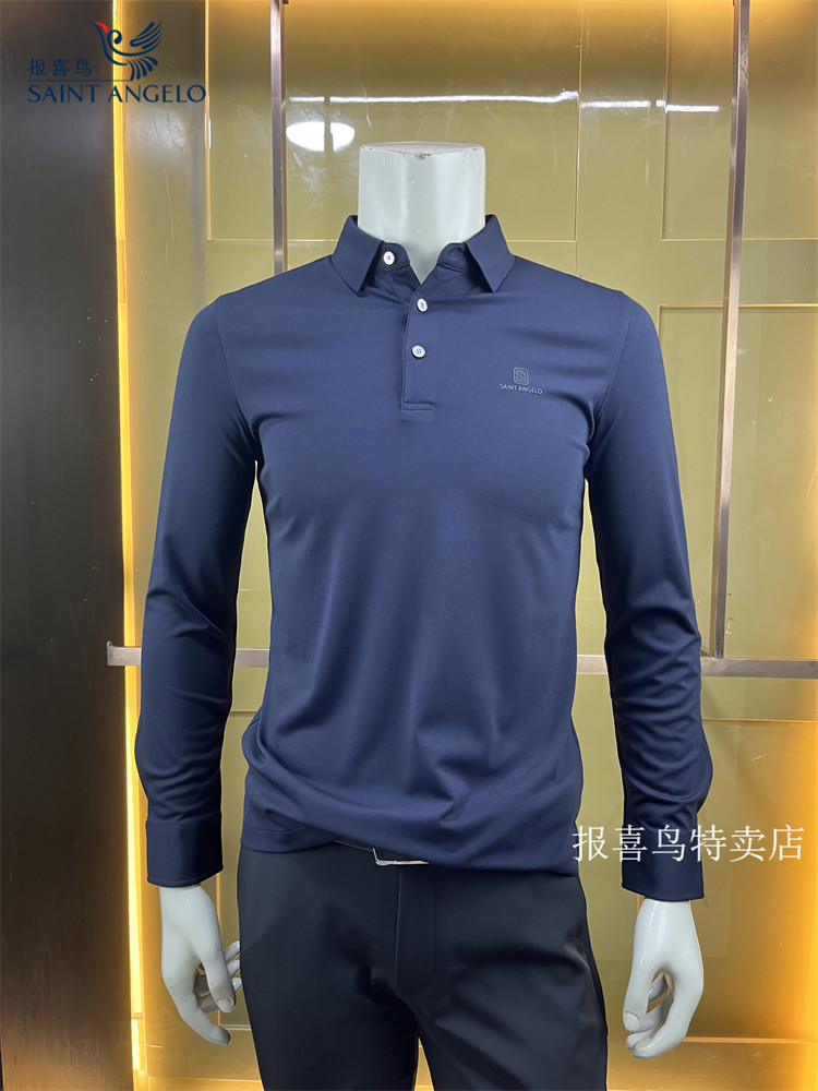 报喜鸟藏青专柜正品秋季纯色商务男士修身长袖翻t恤衫体恤