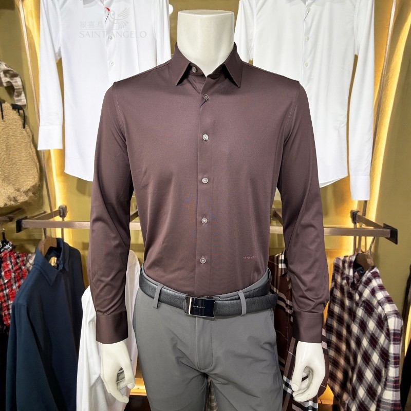 报喜鸟四面弹暗酒红色秋季男士装商务休闲正品修身款长袖衬衫衬衣