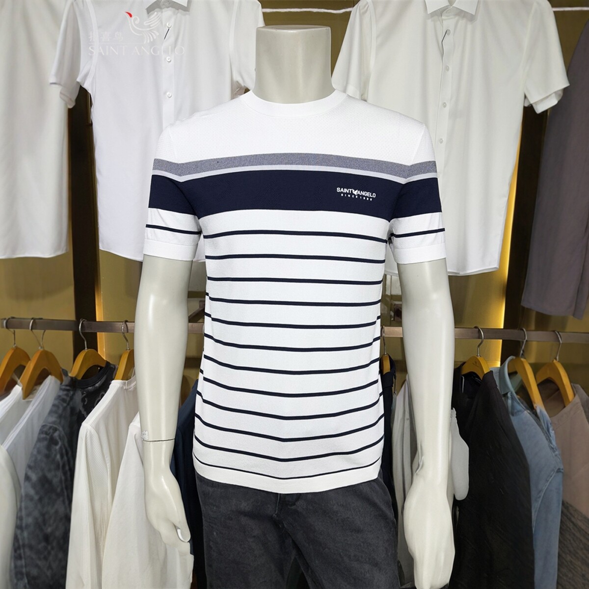 报喜鸟白色针织条纹新款专柜正品商务休闲夏季男士修身短袖t恤衫