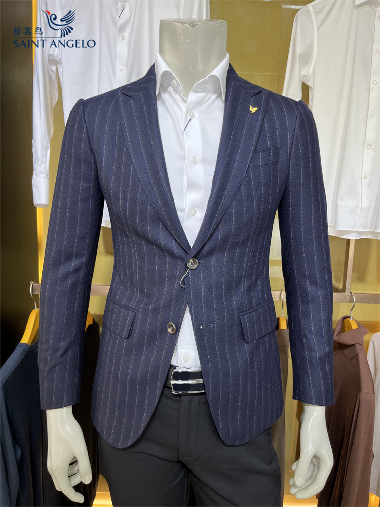 报喜鸟【100%绵羊毛】深蓝竖条纹商务休闲男士修身单西服便西装