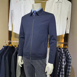 报喜鸟藏青针织翻领莱赛尔男装时尚商务休闲修身翻领夹克外套