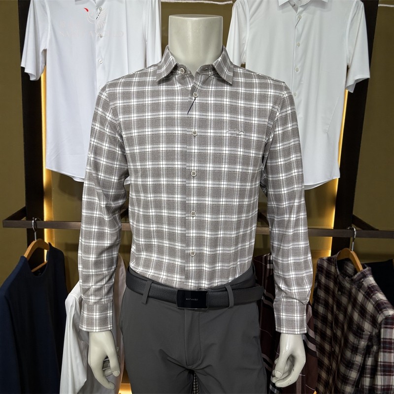 报喜鸟秋季卡其拉绒男士装商务休闲正品修身款微弹长袖衬衫衬衣