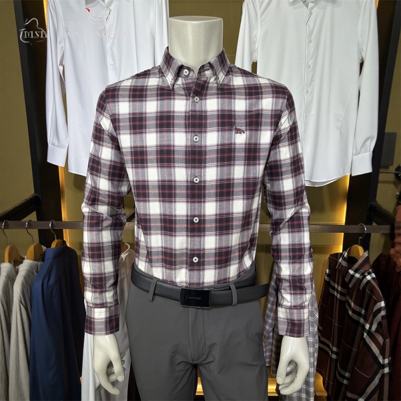 报喜鸟亨利格兰棉氨扣领酒红格子秋季男英伦风修身款长袖衬衫衬衣